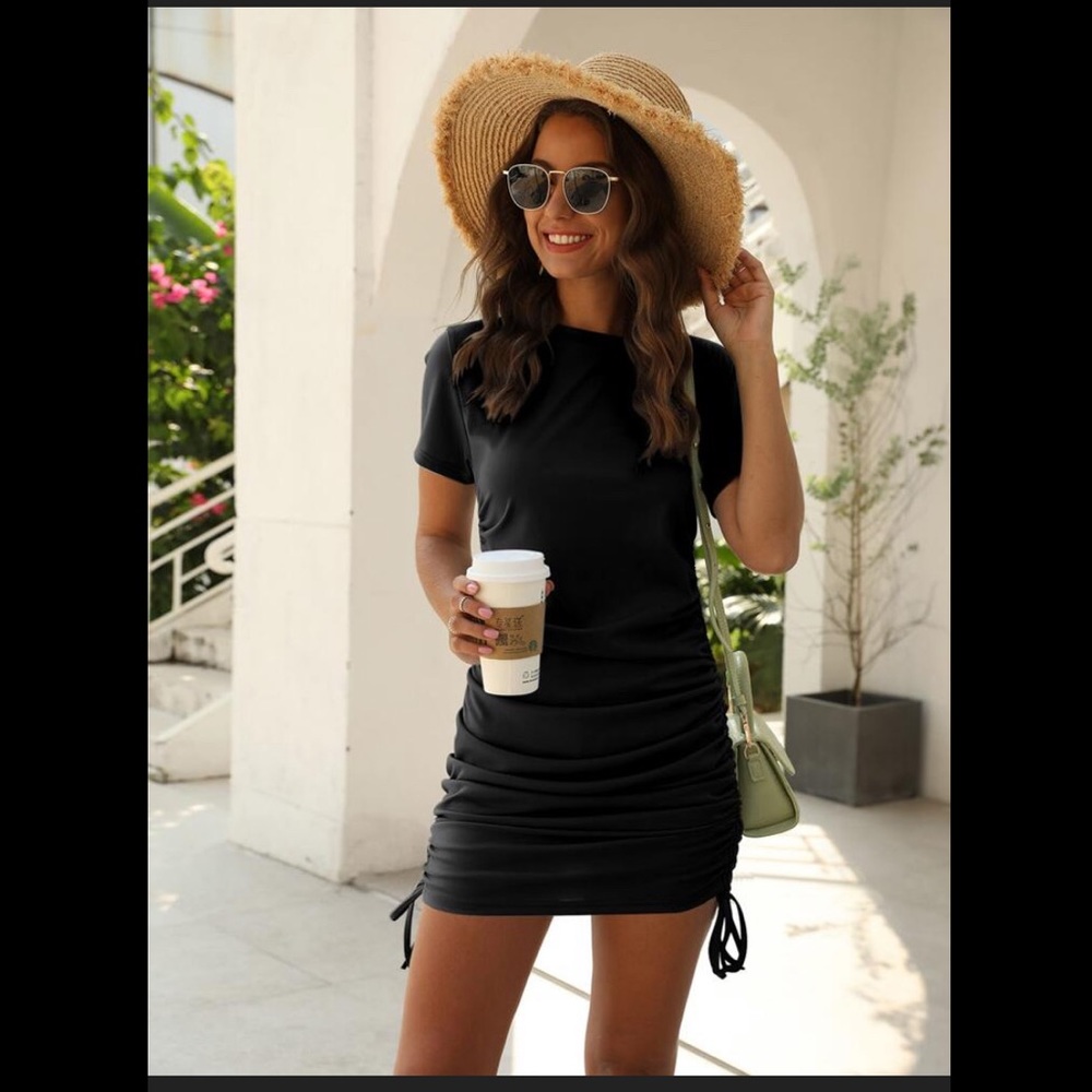 Drawstring Solid Black Dress. NEVER WORN